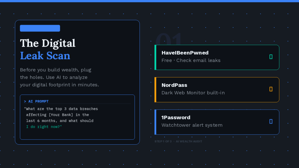 An ai image prompt showing the process of checking system breach and financial credentials leak
