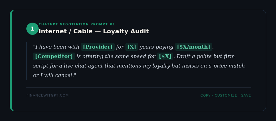 ChatGPT prompt to negotiate internet bill - loyalty audit script to get a lower rate from your provider
