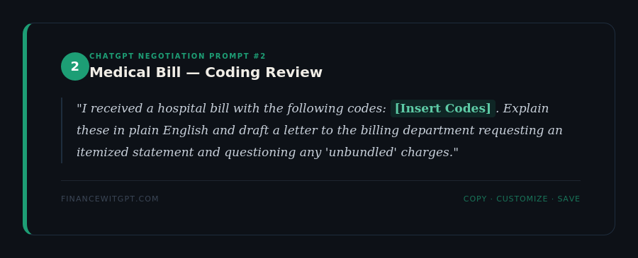 ChatGPT prompt to dispute medical bill coding errors and request itemized statement from hospital billing department