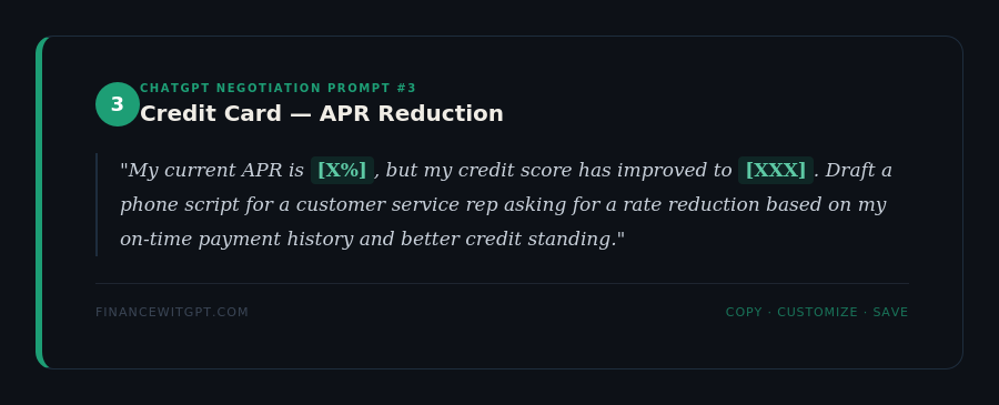 ChatGPT prompt to negotiate lower credit card APR based on improved credit score and on-time payment history