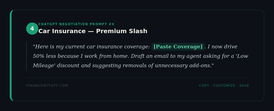 ChatGPT prompt to reduce car insurance premium with low mileage discount for work from home employees