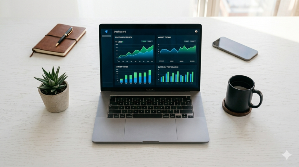 A laptop displaying a financial dashboard on a clean desk with a plant and coffee cup.